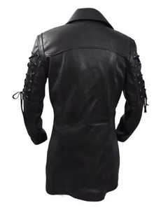 <b>Men's</b> Gothic Genuine <b>Leather</b> <b>Jacket</b> Breathable Wool Lining Long Slim Fit Stand Collar Zipper Closure Solid Color Regular Sleeve - Product Image 2