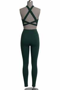 Ensemble de yoga 2 pièces : Soutien-gorge de sport dos nageur à col en V et devant croisé torsadé, Legging taille haute côtelé en Spandex/Nylon thermique - Product Image 2