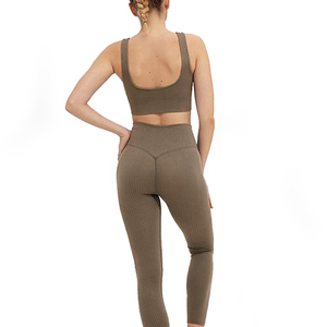 Ribbed Yoga Set High Waist Full Length Leggings Scoop Neck Racerback Sports <b>Bra</b> Seamless Breathable Solid Color 2 Piece Set - Product Image 4
