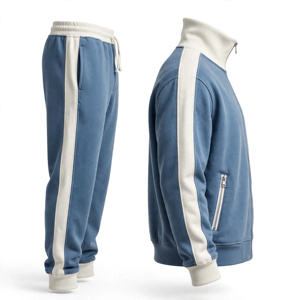 Survêtement bleu pour homme 100% coton, sweat-shirt à col roulé entièrement zippé, poches latérales, pantalon de jogging assorti, respirant, vêtements décontractés, été - Product Image 4