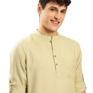 <b>men</b> <b>green</b> ivory coloured solid mandarin collar kurta short kurta polyester viscose long sleeves curved hem kurta <b>for</b> <b>mens</b> - Product Image 1
