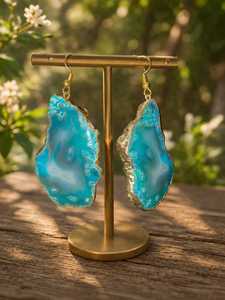 Boucles d'oreilles en fil de métal Ha Gems, design vintage, géode bleu clair, druse, alliage de métal précieux pour femme, fiançailles, mariage - Product Image 2