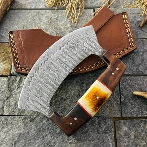 Couteau Ulu artisanal en acier Damas avec manche en bois – Couteau de chef premium à lame oscillante pour l'extérieur - Product Image 3