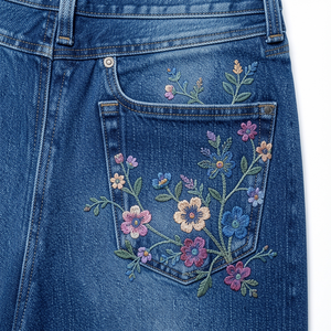 Women Indigo Blue <b>Embroidered</b> Breathable High Waist Denim <b>Jeans</b> Straight Fit Casual Streetwear Dark Cotton Pants Custom OEM OD - Product Image 4
