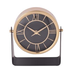 Horloge de bureau circulaire moderne, finition dorée, cadran noir, chiffres romains, mouvement à quartz, fonctionnement sur piles, métal, Luminova, fonction snooze - Product Image 1