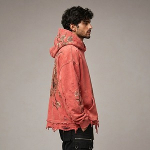 TRENDY <b>Mens</b> Distressed Embroidered Hoodie Oversized Vintage <b>Pullover</b> Sweatshirt for Trendy Streetwear and Outdoor Looks - Product Image 6