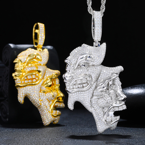 925 Silver Lab Grown Diamond Double <b>Face</b> <b>Mask</b> Pendant Cuban Chain Luxury Mens Statement Jewellery - Product Image 3