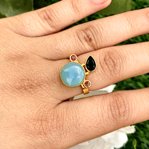 Hip hop <b>ring</b> sky blue chalcedony with hydro quartz <b>adjustable</b> <b>ring</b> solid brass 18k gold plated triple gemstone boho jewelry <b>ring</b> - Product Image 3