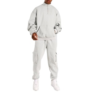 ชุดวอร์มผู้ชายผ้าฝ้าย 100% เสื้อฮู้ดซิป ¼ พร้อมกางเกงคาร์โก้ สำหรับวิ่ง ชุดวอร์มฤดูหนาว - Product Image 1