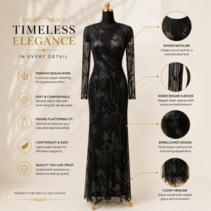 Women Black Floral <b>Sequin</b> Evening Gown Round Neck Sheer Long Sleeve Embellished Bodycon Maxi Dress Elegant Formal Wedding - Product Image 5