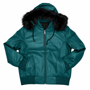 Men's Zip Up Leather Look Bomber <b>Jacket</b> Winter <b>Hooded</b> Coat with Black Faux <b>Fur</b> Trim Rib Knit Cuffs and Hem for Cold Weather Wear - Product Image 3