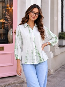 เสื้อเชิ้ตผู้หญิงแบบมีกระดุมลายมัดย้อมทรงหลวมแขนสามส่วนผ้าฝ้ายเสื้อลำลองฤดูใบไม้ผลิฤดูร้อน - Product Image 1