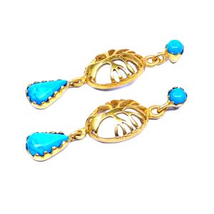 Atractiva Plata de Ley 925 chapada en oro forma de gota piedras preciosas turquesas elegantes pendientes colgantes de moda - Product Image 1