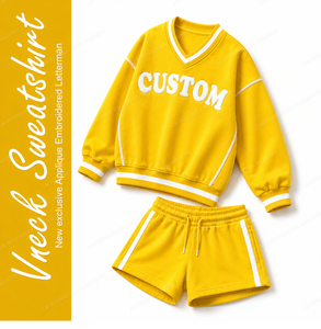 Women's Yellow 2-Piece V-Neck Sweatshirt Above-Knee Shorts <b>Set</b> Loose Fit <b>Knitted</b> Cotton Casual Quick Dry Eco-Friendly Breathable - Product Image 6