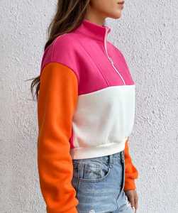 <b>Women's</b> Color Block <b>Quarter</b> <b>Zip</b> <b>Sweatshirt</b> Pink Orange White Stand Collar Cropped Pullover - Product Image 5