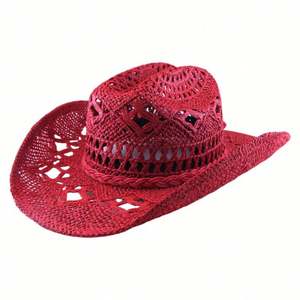 Chapeau de soleil en paille ajouré pour femme et fille, style vacances, avec ceinture tressée, modèle cowboy rouge tendance - Product Image 1