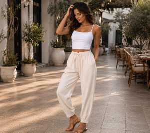 Pantalones Harem 100% Algodón Puro |   Pantalones casuales de cintura media con frente plano y efecto lavado, transpirables para verano - Product Image 3