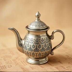 Elegante juego de té turco de oro con vasos transparentes, una azucarera blanca y dulces. Disponible a precios de mayorista. - Product Image 6