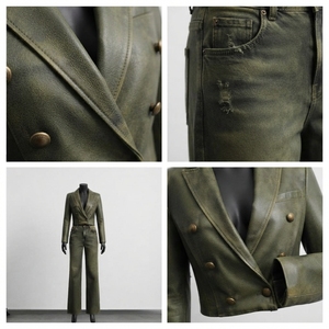 Ensemble de survêtement d'hiver pour femme en cuir PU, style vintage, avec blazer court à double boutonnage et pantalon droit, streetwear délavé à l'acide - Product Image 4