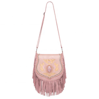 Sac bandoulière bohème RABADA en cuir véritable fait main et peint à la main, taille XL, avec pierres précieuses et chaîne à pompons, toutes saisons