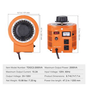 Trasformatore di Tensione Variabile Automatico 2000VA, 15.3 Amp, Ingresso 110V, Regolatore di Tensione AC 0-130V, Alimentatore con 4 Fusibili Extra, 60Hz - Product Image 3