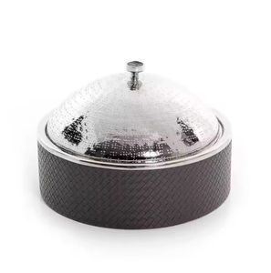 Chauffe-plats en émail satiné blanc de qualité supérieure avec accents dorés brossés, support en colonne, casseroles design pour plats chauds - Product Image 3