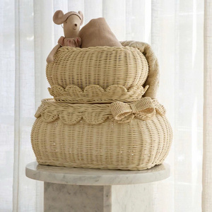 Handmade Scalloped Rattan Kid <b>Basket</b> with Bow Lid - Aesthetic Woven Toy <b>Storage</b> & Baby Keepsake Box - Product Image 1