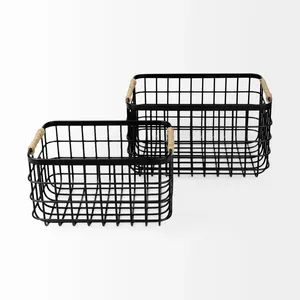 <b>Black</b> Metal Wire Storage Basket with Rope Handles Durable Rectangular Organizer for Home Use - Product Image 1
