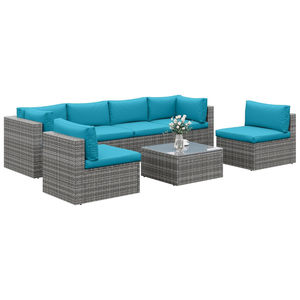 Modern 7 Pieces Outdoor Patio Furniture Set PE Rattan <b>Wicker</b> Sectional Sofa Set with Blue Cushions and Glass <b>Coffee</b> <b>Table</b> - Product Image 6