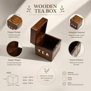 Handmade Indian Rosewood <b>Tea</b> Storage <b>Box</b> | Square Wooden <b>Tea</b> Organizer Container with Decorative Inlay Design | Elegant Kitchen - Product Image 5