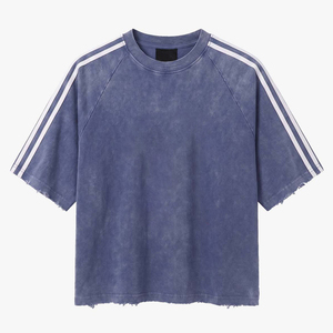 Camiseta de Manga Corta para Hombre, Talla Grande, Cuello Redondo, 100% Algodón, Color Azul Sólido Lavado, con Ribete en Contraste, Estilo Casual - Product Image 1