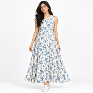 Robe longue florale bleu ivoire sans manches à col rond coupe trapèze décontractée pour femme – Fournisseur de vêtements de mode en gros OEM ODM - Product Image 1