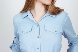 New Arrival Eco-Friendly Light Blue Cotton A-Line Shirt <b>Dress</b> <b>Below</b> <b>the</b> <b>Knee</b> Casual Long Sleeved Midi Summer <b>Dress</b> Women - Product Image 4