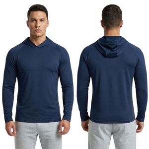 Solid Dark Midnight Navy Men Gym Hoodies Premium Quality Cotton Spandex Breathable Slim Fit Long Sleeve Sports Pullovers - Product Image 1