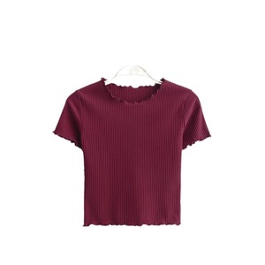 T-shirt court côtelé pour femme à manches courtes, col à volants, couleur unie, tricoté, décontracté, coupe ajustée - Product Image 6