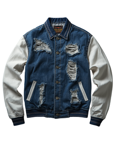 Chaqueta Bomber Vintage para Hombre, Estilo Varsity, de Mezclilla Desgastada, con Tela de Jean Rasgada, Bordes Deshilachados en Contraste, Estilo Casual Urbano, Abrigo de Invierno - Product Image 1