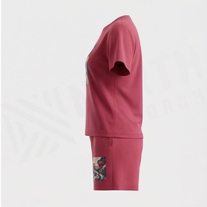 Conjunto de 2 Piezas para Mujer, Camiseta de Manga Corta y Pantalones Cortos Rojos con Estampado de Pulpo, Cuello Redondo, Ropa Casual de Primavera/Verano, Tejido de Algodón - Product Image 3
