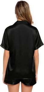 Conjunto de pijama de manga corta de satén negro para mujer, ropa de dormir con cuello vuelto y botones en la parte delantera, estilo elegante de verano - Product Image 4