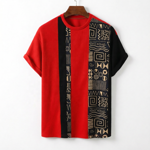 T-shirt décontracté pour homme à manches courtes avec motif géométrique, bordure contrastée, col rond tricoté, coupe classique - Product Image 2