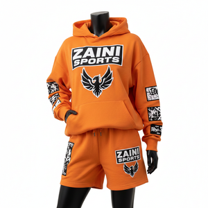 Conjunto de Sudadera con Capucha y Pantalones Cortos para Mujer, 320 GSM, Felpa de Algodón Premium, Diseño con Paneles Naranjas, Estampado Puff, Logotipo Personalizado, Ropa Urbana - Product Image 6