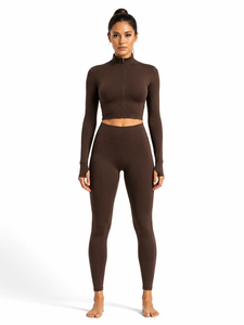<b>Brown</b> 2-Piece Yoga Set Crew Neck Crop Top High-Waist Full-Length <b>Leggings</b> Elastic Waist Seamless Four-Way Stretch Eco-Friendly - Product Image 1