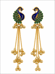 Boucles d'oreilles pendantes bohèmes cachemiriennes Paon pour femme, longues chaînes plaquées or 18 carats, émail, bijoux ethniques indiens, vente en gros - Product Image 6