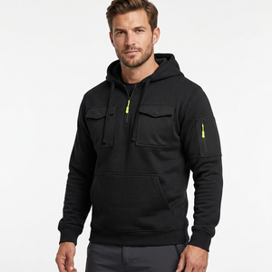 <b>Men's</b> <b>Black</b> Eco-Friendly 300g Quarter Zip Lined Hoodie Fleece Solid Color Chest Pockets Neon Green Zipper Details Regular Sleeve - Product Image 2