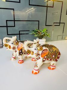 Handmade Painted Stone <b>Elephant</b> Figurine Pair Feng Shui Home <b>Decoration</b> White Gold Orange <b>Decorative</b> Statues - Product Image 3