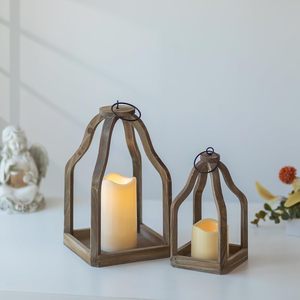 Farmhouse Decorative <b>Lantern</b> Wooden <b>Set</b> of 2 Rustic Wood <b>Lanterns</b> Candle Holder for Wedding Table Centerpieces Indoor Outdoor - Product Image 4