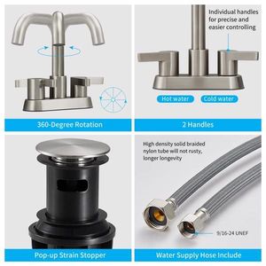 Rubinetto da Bagno a 2 Maniglie con Interasse di 4 Pollici in Nichel Spazzolato, Rubinetto per Lavabo a 3 Fori con Scarico a Scomparsa e Tubi di Alimentazione dell'Acqua - Product Image 3