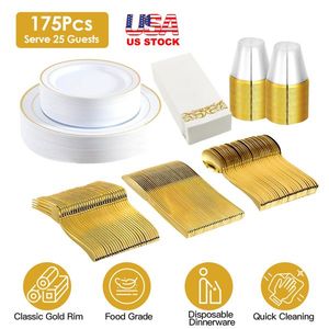 175 pezzi Set stoviglie monouso oro oro bordo oro stoviglie in plastica compresi piatti tazze forchetta cucchiaio coltelli tovaglioli per feste - Product Image 1