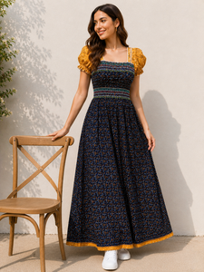 Robe longue évasée en coton imprimé de haute qualité, bleu marine, col carré, manches bouffantes smockées, pour femme, vente en gros - Product Image 3