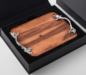 Plateau de service élégant en bois avec poignées en feuille d'argent, finition laquée, usage résidentiel, accessoire de table moderne - Product Image 6
