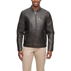 Premium Quality Winter Leather <b>Biker</b> <b>Jacket</b> with Stand Collar and Front Logo Low Price Outerwear for Men - Product Image 5